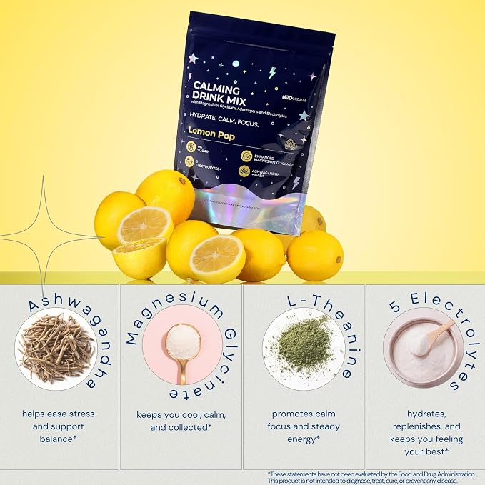 Calm Magnesium Glycinate Powdered Drink Mix with Electrolytes – Sugar Free with Ashwagandha, L-Theanine, Vitamin B6 & GABA – Cortisol Support, Stress Relief, Hydration & Focus - 20 servings (Lemon)