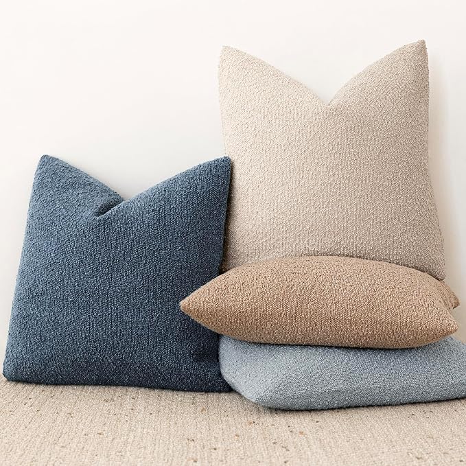 Foindtower Set of 2, Decorative Textured Boucle Throw Pillow Covers Accent Solid Pillow Cases Neutral Couch Cushion Case for Chair Sofa Bedroom Living Room Home Decor 16x16 Inch Dark Blue