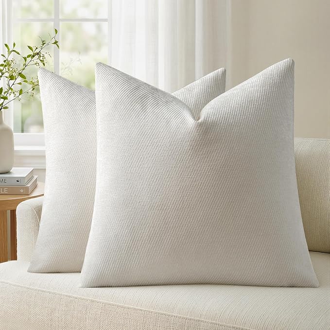 a moment Pack of 2 Decorative Chenille Throw Pillow Covers with Twill Cushion Covers for Sofa Living Room Couch Bed 22x22 Inch Raw White
