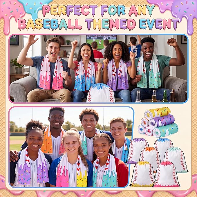 Peryiter 24 Pcs Ice Cream Drip Baseball Party Favors 12 Cooling Towels 12 Drip Drawstring Bags Bulk Sport Gifts for Teams Summer Camping Yoga Running Supplies, Chilly and Absorbent (Classic)