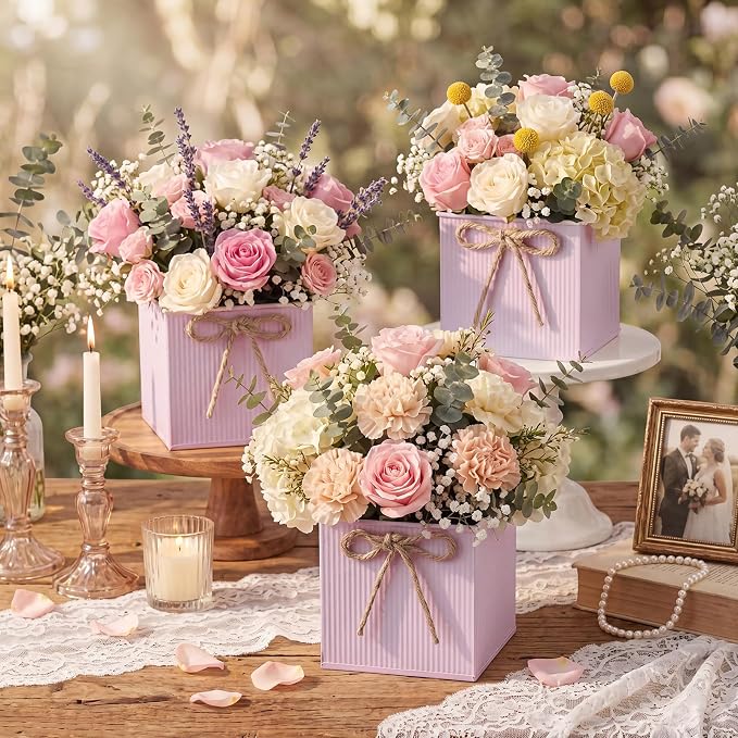 12 Pack Galvanized Square Vases with Floral Foam, 3.5 inch Waterproof Rustic Tin Buckets with Twine Bows, Mini Farmhouse Metal Planter Centerpieces for Wedding Party Table Decor(Pink)