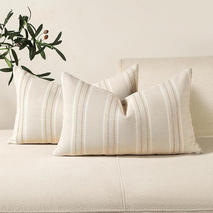 Hckot Stripe Throw Pillow Covers 12x24 Lumbar Khaki Farmhouse Pillow Covers | Modern Decorative Pillows Textured Linen Cushion Covers for Sofa Couch Bed Living Room Decor