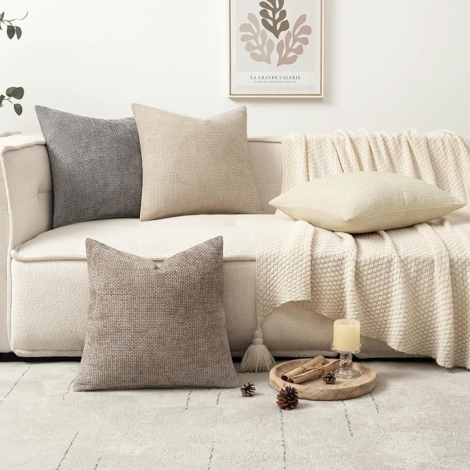 MIULEE Decorative Chenille Pillow Covers Neutral Beige 16x16 Pack of 4 | Modern Home Decor, Cozy Cream Collection, Couch Throw Pillows, Farmhouse Boho Cushion Covers for Sofa Bed Living Room