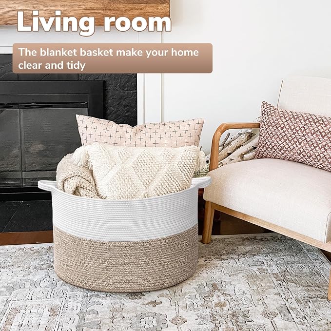 Goodpick Large Woven Basket for Blankets, Nursery & Living Room Decor, 85L | 21.7 x 21.7 x 13.8 In Toy Storage Basket for Nursery, Blanket Basket for Living room, Laundry Basket, Light Brown
