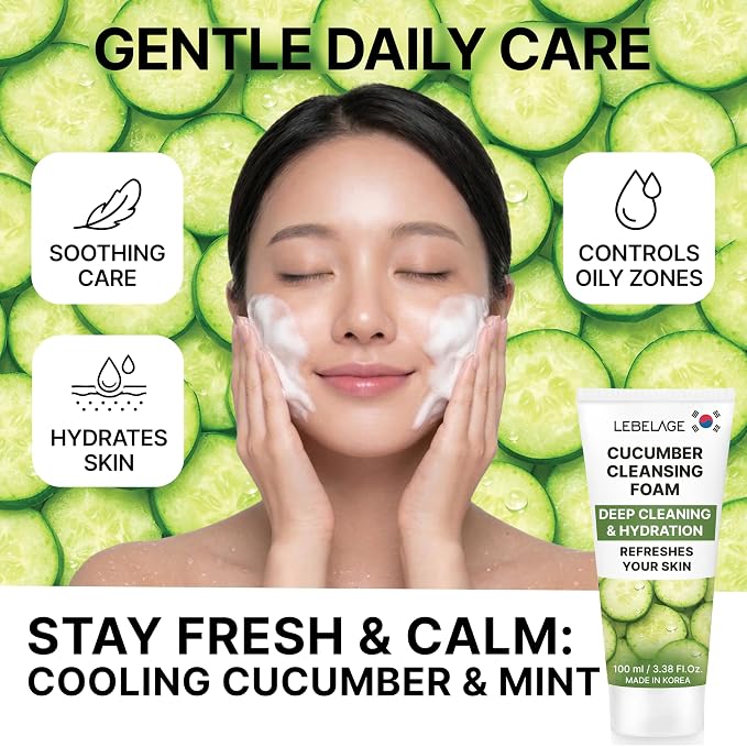 LEBELAGE Korean Cucumber Facial Cleanser 3.38 oz | Cleansing Foam Face Wash | Low pH Gentle Hydrating Daily Facial Cleanser Sensitive Skin | Deep Cleansing Foaming Cleanser, Pore Care-All Skin Types