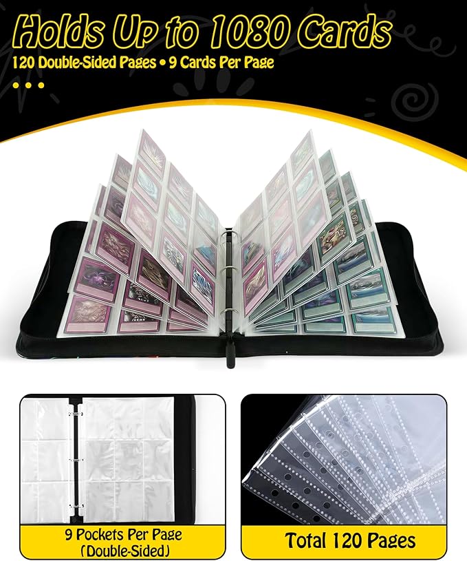 Trading Card Binder, 9-Pocket, Holds 1080 Cards, 120 Pages Side-Loading Card Album, PU Leather, Acid-Free Archival Sleeves, Durable Organizer for MTG, TCG & Sports Cards, Gift for Kids, Boys and Girls