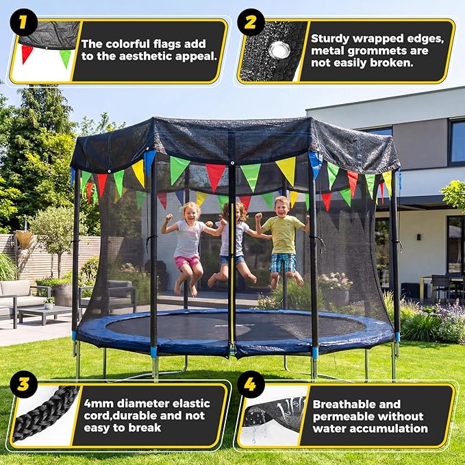 2026 Upgraded Round Trampoline Shade Cover, 4Lbs Heavy Duty Cover Accessories for 8 10 12 14 15 16FT Trampoline for Sun Protection, Sun Shade with Colorful Flag and 98FT Elastic Cord, Non Tears Easily