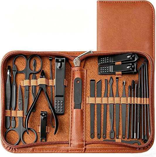 Premium 26-in-1 Manicure & Pedicure Kit – Stainless Steel Nail Clippers Set with Brown PU Leather Travel Case for Men & Women