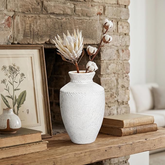 White Ceramic Flower Vase Home Decor 10 Inch Rustic Farmhouse Vase Decorative Pottery Terracotta Vases for Pampas Grass Dining Table Living Room Shelf Kitchen Bedroom Decor