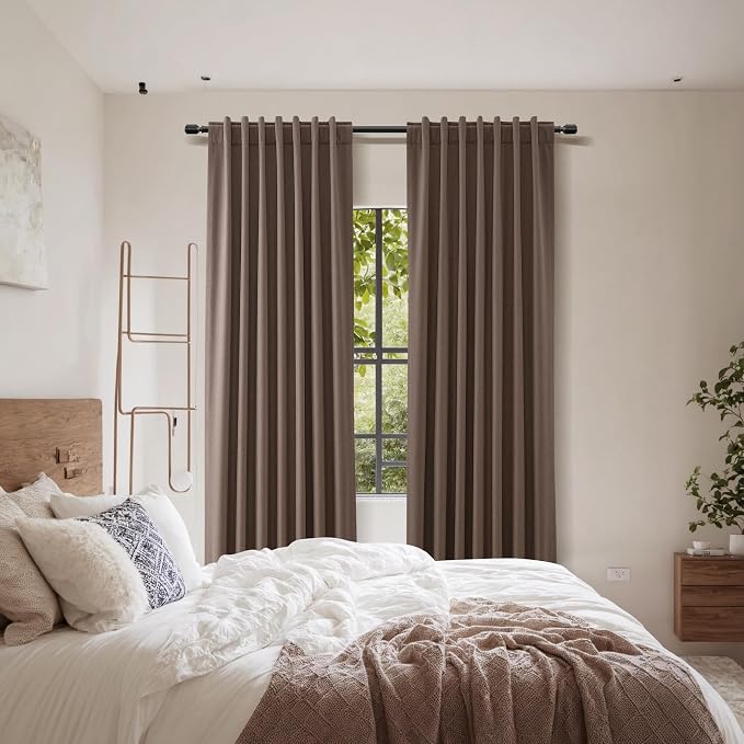 Guken Mocha Mousse 100% Blackout Linen Curtains 90 Inch Length 2 Panels Set for Living Room Bedroom Back Tab/Rod Pocket Thermal Insulated Farmhouse Black Out Drapes Room Darkening,52x90