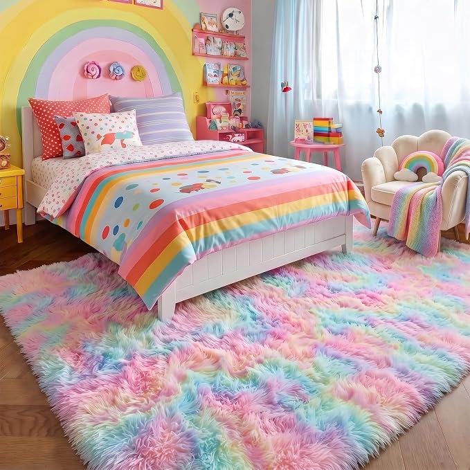 Amdrebio Rainbow Unicorn Large Fuzzy Rug 8x10 for Living Room Girls Bedroom | Fluffy Shag Soft Cute Pastel Kids Carpet, Classroom Playroom Nursery Decor, Cutecore Kidcore Aesthetic, Baby Toddler Corner