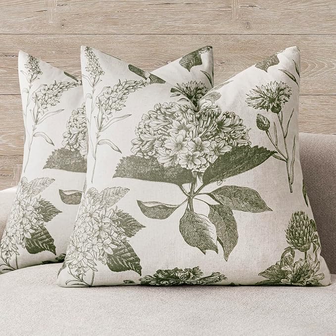 Foindtower Set of 2 Linen Floral Throw Pillow Covers Neutral Vintage Print Decorative Cushion Covers Farmhouse Boho Home Decor for Sofa Chair Couch Bedroom Living Room,24×24 Inch,Sage Green