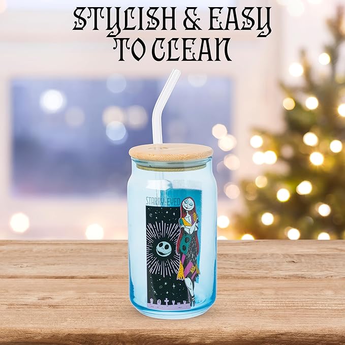 Silver Buffalo Disney Nightmare Before Christmas Starry-Eyed Featuring Jack Skellington and Sally Blue Glass Jar Tumbler with Bamboo Lid and Glass Straw, 16 Ounces