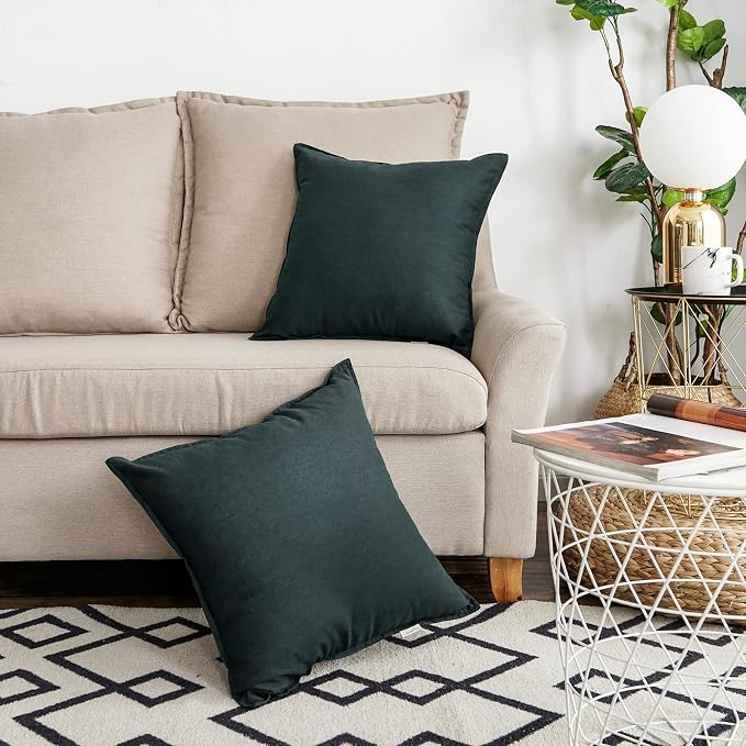 Jeanerlor 24" x 24" Natural Cotton Linen Soft Soild Decorative Square Throw Pillow Covers Green Set Cushion Case for Sofa Bedroom Car 60 x 60cm, Dark Green