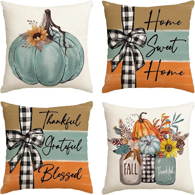 AVOIN colorlife Fall Pumpkin Home Sweet Home Throw Pillow Covers, 20 x 20 Inch Autumn Thankful Grateful Blessed Harvest Floral Decorations for Sofa Couch Set of 4, Blue