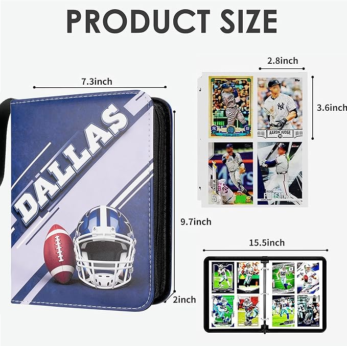 HBK Football Card Binder 400 Pockets, 3-Ring Sports Trading Card Holder with Zipper, Waterproof PU Leather Collector Album with 50 Removable Sheets for Standard Cards