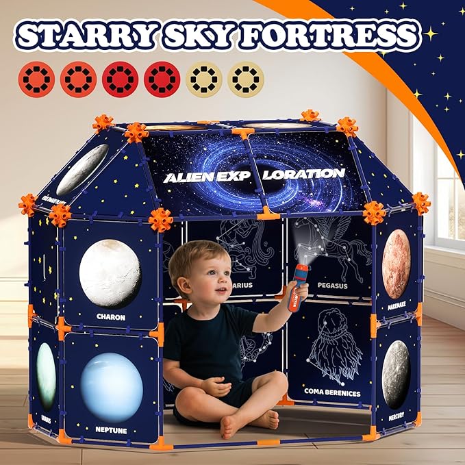 Kids' Starry Sky Constellation Play Tent, 328 Pack Fort Building STEM Toys Kit,Included Flashlight Projector,for Boys & Girls (3 Years+)