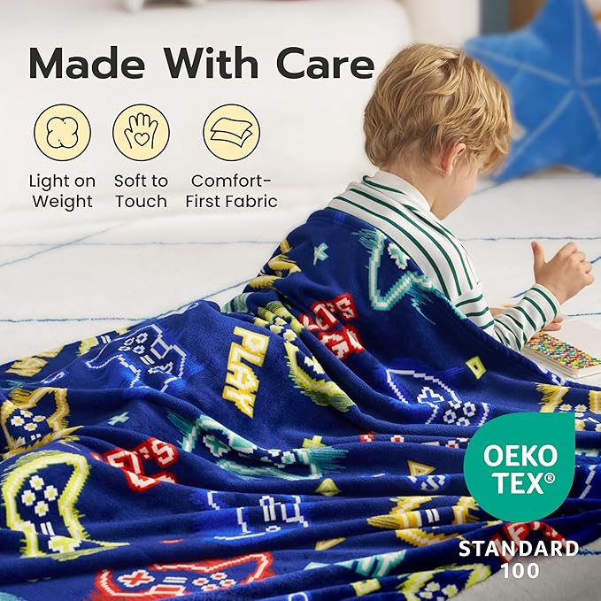Joiedomi Glow in The Dark Gaming Blanket Gamer Gifts for Boys Age 2 3 4 5 6 7 8 9 10 11 12 Year Old, Soft Cozy Flannel Kids Throw Blanket, Birthday Bedroom Decor Dark Blue 50"×60"
