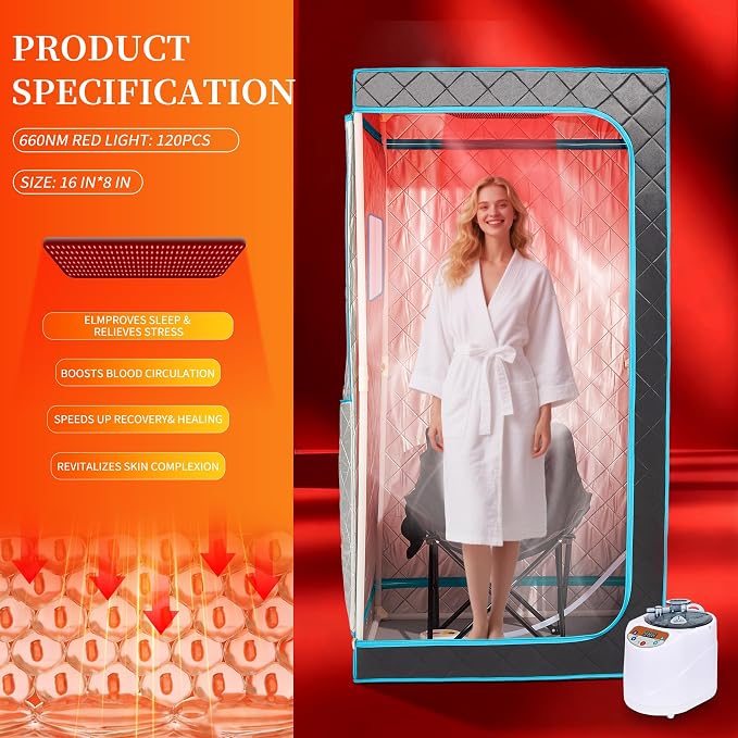 Portable Steam Sauna– Red Light Therapy Home Sauna Tent with 3L & 1500W Steamer, Remote Control Time & Temperature Settings, Foldable Chair Included for Relaxation