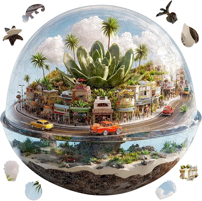 Ixfyloop Succulent Building Wooden Puzzles, City Street Jigsaw Puzzles for Adults 184 Pieces, Unique Shape Plant Brain Teaser Puzzles with Box, for Teens, Family Game 11.2 x10.6 inch