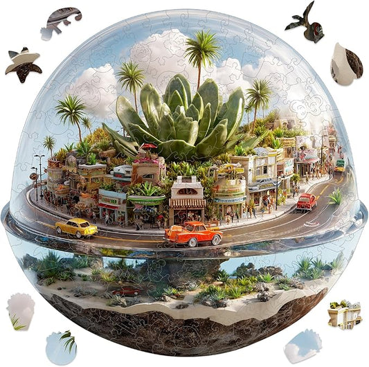 Ixfyloop Succulent Wooden Puzzles for Adults, City Street Jigsaw Puzzle 422 Pieces, Plant Unique Shape for Teens, Family Brain Game 16.1x15.3 inch