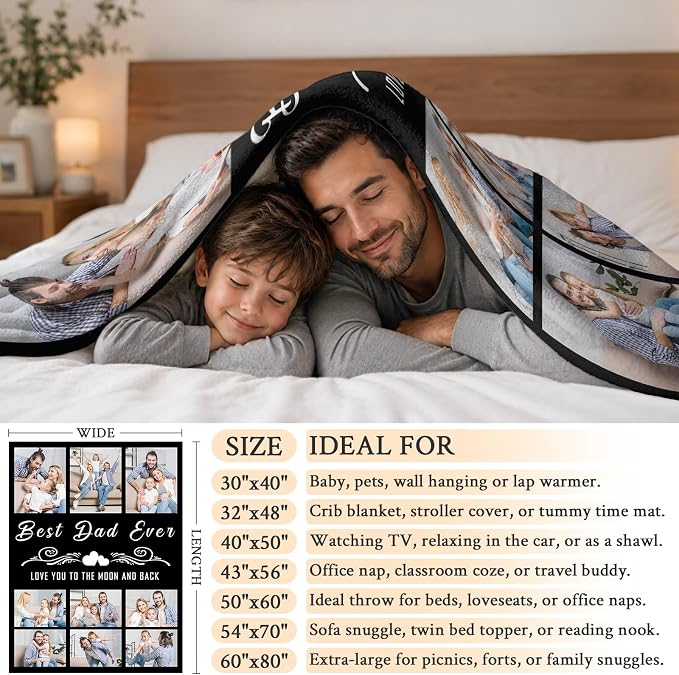 Fathers Day Birthday Gift for Dad Custom Blanket with 9 Photo & Text, Personalized Blankets with Picture to My Dad, HD Printing Customized Flannel Throw Blanket Gifts for Best Daddy Grandpa Ever