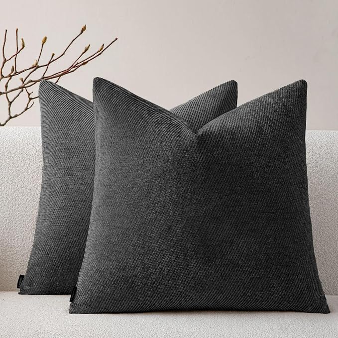a moment Pack of 2 Decorative Chenille Throw Pillow Covers with Twill Cushion Covers for Sofa Living Room Couch Bed 22x22 Inch Black