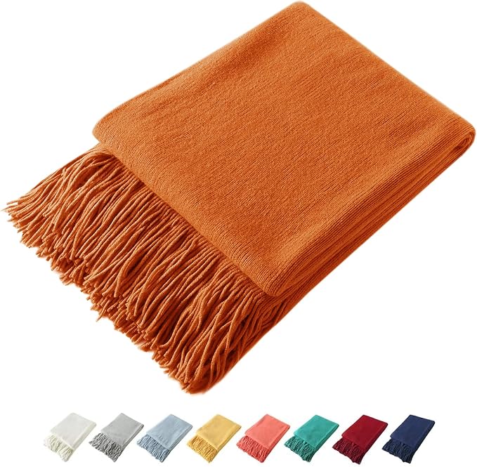 Homiest Dark Orange Knitted Throw Blanket with Fringe, 50x60 Inch | Pure Acrylic, Lightweight & Breathable, All-Season Use, Machine Washable, Wrinkle & Fade Resistant, for Couch Sofa And Bed