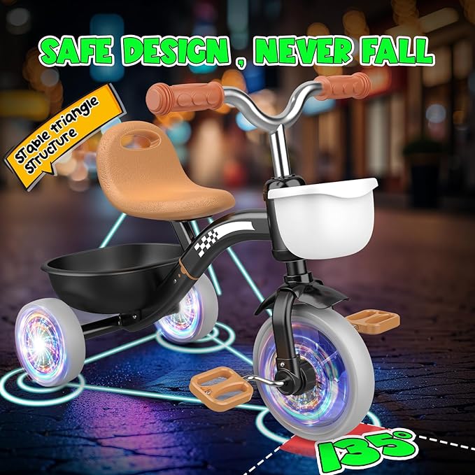 Toddler Tricycle for 1-3 3-4 Year Olds, Toddler Baby Bike, 2 3 4 Year Old Boys Girls Birthday Gifts, Outdoor Riding Toys for Ages 2-4, 3-Level Adjustable Seat, 3 Color Light Wheels, 2 Baskets