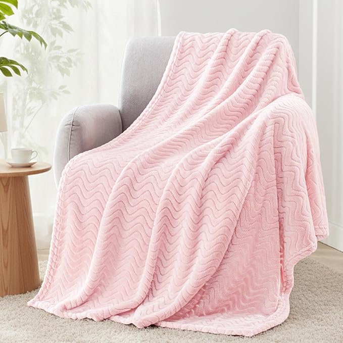 Exclusivo Mezcla Large Fleece Throw Blanket for Couch, Sofa, Light Pink | 50"x70" Soft Breathable Lightweight Flannel Throws for Summer, Plush Cozy Jacquard Wave Blanket for Home Decor
