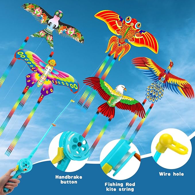 VioraWhite 10 Pcs Fishing Rod Kite for Kids, Vivid Butterfly Swallow Parrot, Easy to Fly, Swallows, Bald Eagles, Magpies Kites for Family Adults Spring Outdoor Beach
