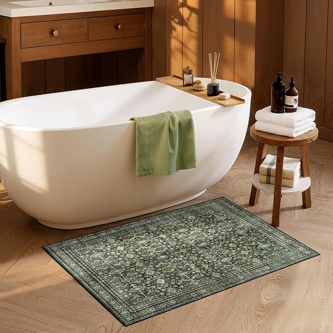 2x3 Area Rugs for Entryway Bathroom, Green Washable Kitchen Mats for Floor | Soft Door Mat Indoor Entrance, Farmhouse Carpet for Entry Living Room Bedroom, Stain Resistant, Low Pile, Vintage Rug