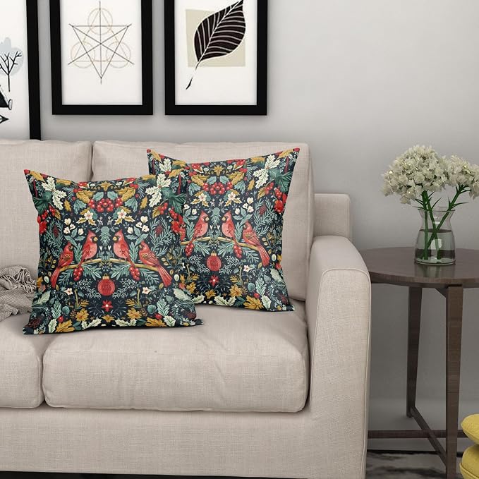 Christmas Pillow Covers 16X16 Inch Cardinal Red Birds Berry Leaves Decorative Pillow Cases Set of 2 Xmas Holiday Throw Pillows Home Decor for Sofa Couch Cushion Outdoor