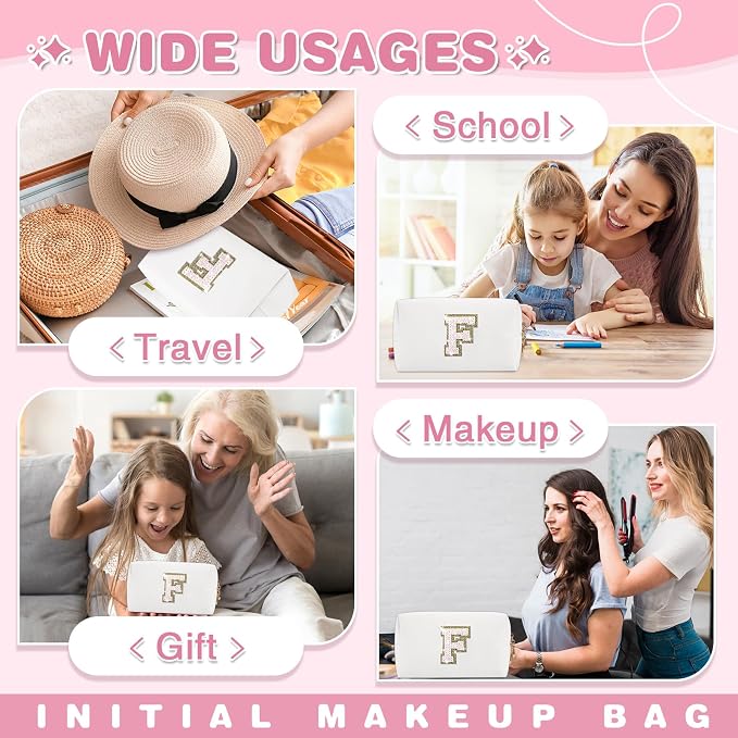 Small Initial Patch Makeup Bag Personalized Gifts Make Up Bag,White Cute PU Leather Glitter Letter Cosmetic Bag with Zipper,Trendy Portable Travel Toiletry Pouch,Preppy Stuff for Teen Girls Women F