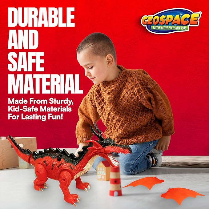 Geospace New Dragon Walking Dinosaur Toy – Smoke Breathing Fire Dragon Toy for Kids 3 & up, Walking Dinosaur Toys with Lights, Roaring Sound, Dragons Action Figure, Dragons for Gift (Luna)