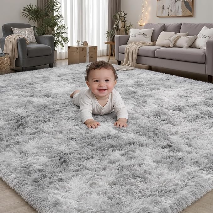 Area Rug for Living Room Bedroom: 6x9 Light Grey Soft Fluffy Shag Upgrade Non-Slip High Pile Carpet Large Fuzzy Plush Indoor Floor Decor Shaggy Rug for Kid Boys Girls Playroom Nursery Modern Home