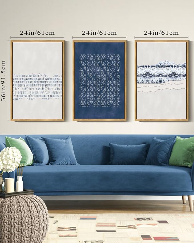 Drsoum Blue Abstract Boho Framed Wall Art Large 24x36in Minimalist Mid-Century Modern Wall Decor Geometric Artwork Kitchen Dining Room Black Framed