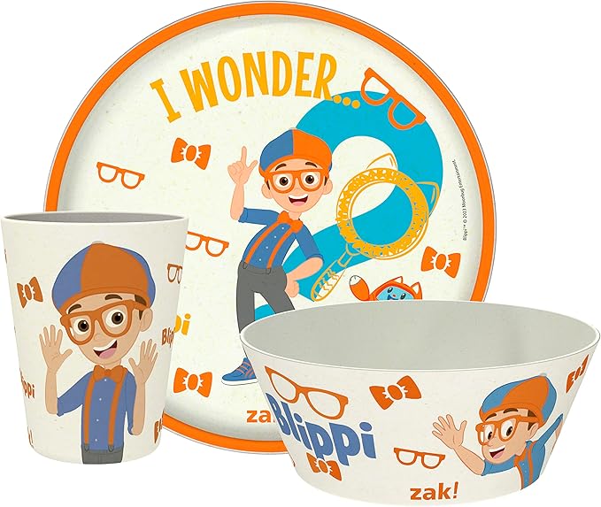 Zak Designs Blippi Kids Dinnerware Set 3 Pieces, Durable and Sustainable Melamine Bamboo Plate, Bowl, and Tumbler are Perfect For Dinner Time With Family (Blippi, TABBS)