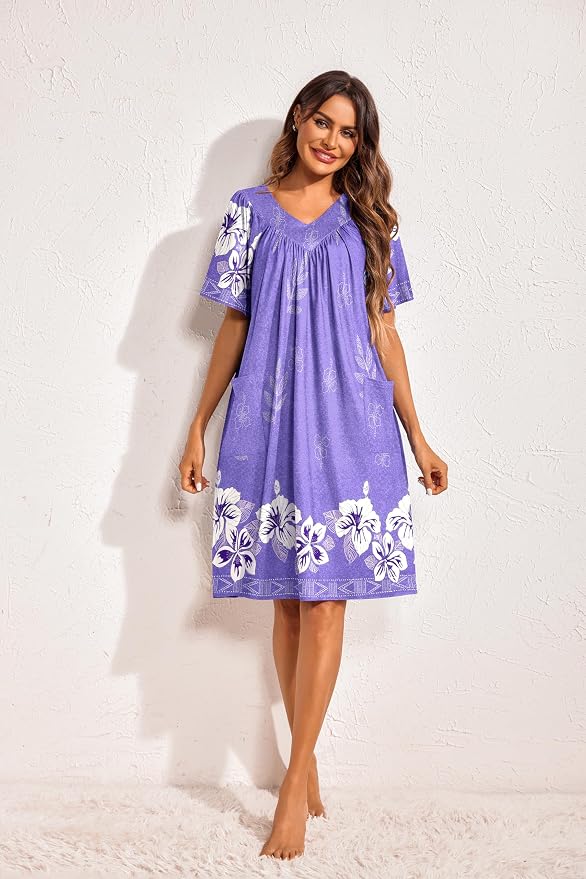 Ekouaer Womens House Dress Floral Print Nightgown with Pockets Mumu Dress