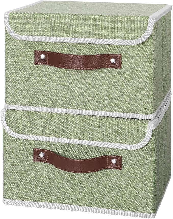 ANMINY Fabric Storage Box Bins with Lids, Green, 10"x8"x7", 2 Pack | Keepsake Memory Storage, Cotton Linen, PP Board Reinforced, Washable, PU Handles, Foldable & Stackable, Decorative, Small