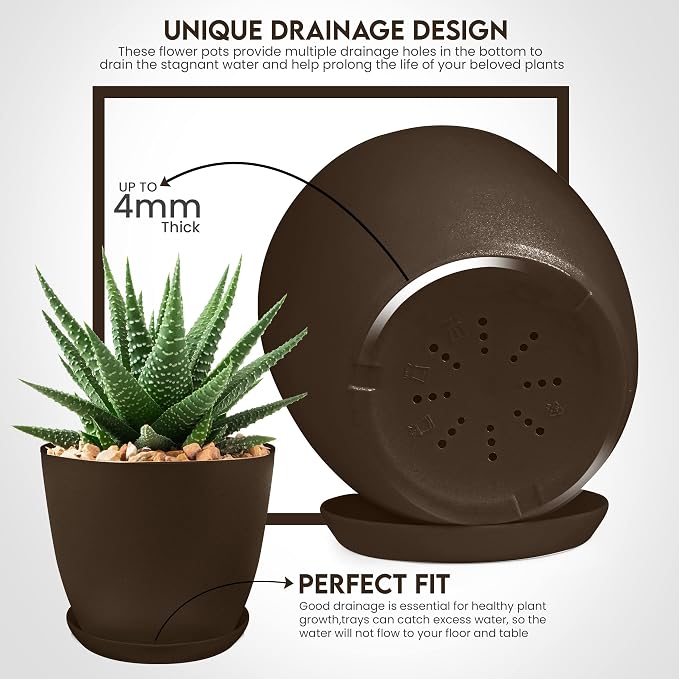 Plant Pots Indoor with Drainage, 5 Pack Multi-Size Planters Set, Brown | Drainage holes included Multiple sizes 7/6.6/6/5.3/4.8 In Indoor plants and flowers Durable plastic construction