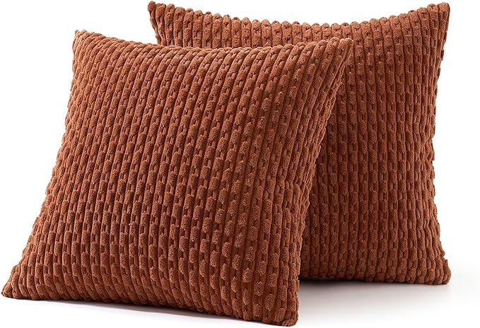 MIULEE Euro Sham Fall Decorative Throw Pillow Covers 22x22 Rust Corduroy | Terracotta Textured Striped Pack of 2 Striped Pillow Covers Modern Farmhouse Autumn Home Decor for Couch Bed Sofa Living Room