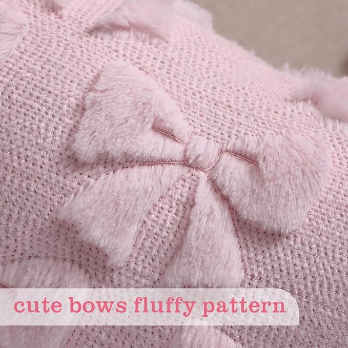 Mixweer Pink Bow Pillow Covers Set of 2 Preppy Room Decor Coquette Cute Spring Summer Decorative Faux Fur Soft Bowknot Stuff Fluffy Plush Aesthetic Pillowcase for Bed Sofa Couch (12 x 20 Inch)