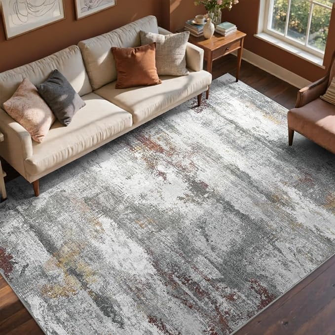 8x10 Ft Large Abstract Area Rugs for Living Room, Soft Non-Slip Modern Washable Rugs Print Pattern Carpet for Bedroom Indoor Floor Nursery Home Decor (Grey/Gold-Brown/Red-Brown)