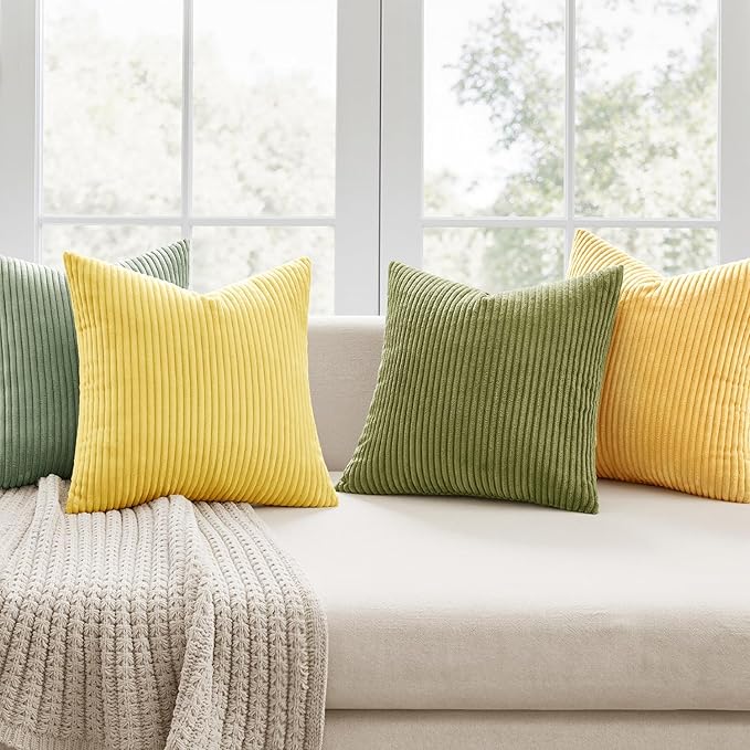 MIULEE Soft Corduroy Decorative Throw Pillow Covers Yellow Green 20x20 | Set of 4, Mordern Nordic Decor, Lime Lemon Green Set, Boho Farmhouse Cushion Covers for Couch Bed Sofa Living Room