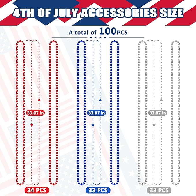 100PCS 4th of July Accessories, Independence Day Beads Necklace Bulk, Fourth of July Red Blue Silver Necklace Party Favors, Beads for Patriotic Parade Party Celebration Favors Decorations