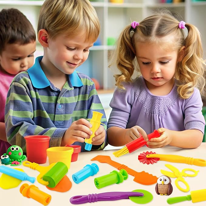 Dough Tools Kit – 12-Piece Dough Play Tools Set with 5 Extruders, Scissors, Rollers, Rolling Pins, Cutters for Kids Ages 3+