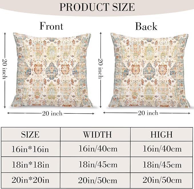 Boho Floral Throw Pillow Covers 20x20 inch Set of 2,Beige Boho Rug Geometric Floral Pattern Decor Double Sided Pattern Cushion Cover Soft Pillow Case Living Sofa Room Bed Square Pillow Cover