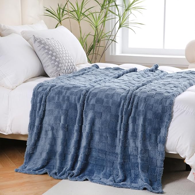 Dusty Blue Fleece Throw Blanket 90”×90”Checkered Design for Couch | Super Soft Cozy Plush Microfiber 3D Square Pattern Flannel Blanket for Sofa Bed Lightweight for Adults,Women