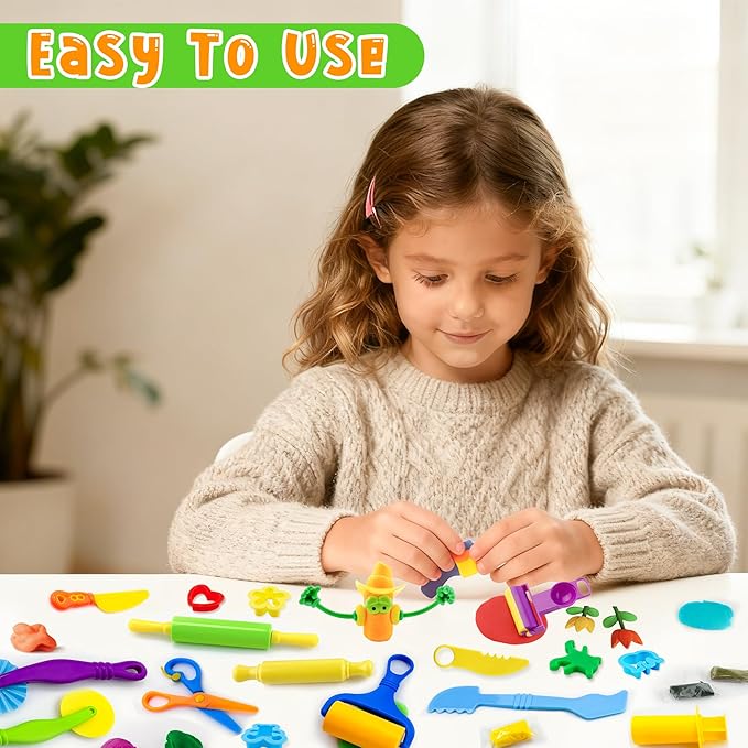 iShyan Dough Tools Play Set for Kids,30 pcs Basic Dough Play Toys with Animal Cutters, Roller, Rolling Pins, Safety Scissors, Plastic Knife,Character Accessories